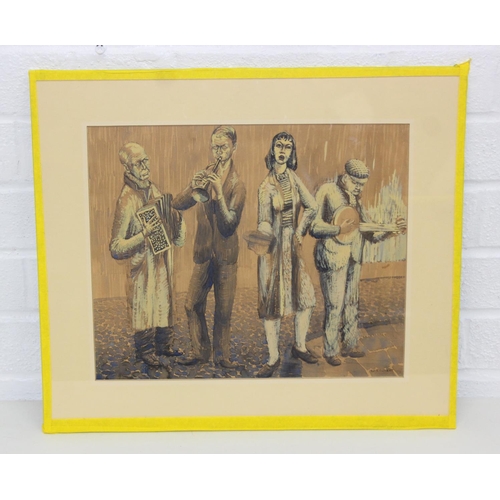 460 - An unusual mid-century watercolour depicting street musicians busking in the rain, indistinctly sign... 