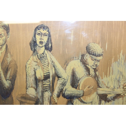 460 - An unusual mid-century watercolour depicting street musicians busking in the rain, indistinctly sign... 