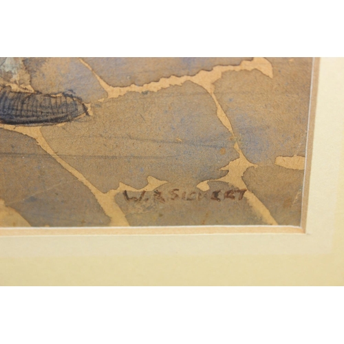 460 - An unusual mid-century watercolour depicting street musicians busking in the rain, indistinctly sign... 