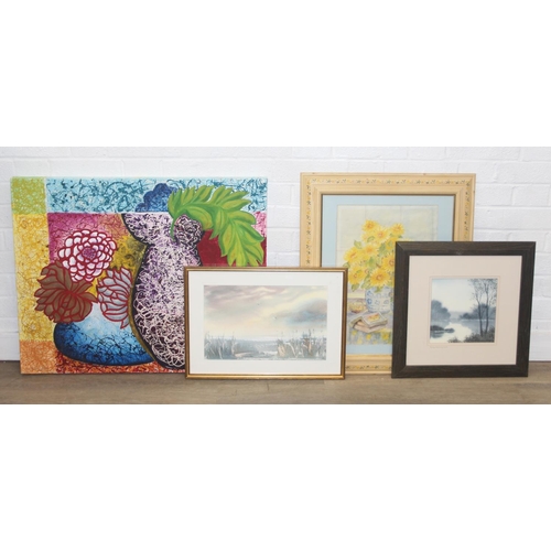 462 - Qty of paintings to inc a colourful oil on canvas of flowers, a watercolour of sunflowers in vases, ... 