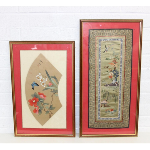 481 - Six assorted Chinese paintings on silk and fabric and an Oriental embroidery, all framed, 20th centu... 