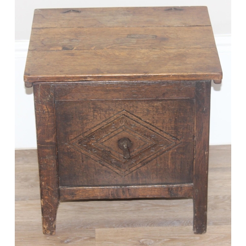 108 - An antique oak cellarette or coal bucket with metal lining, seemingly made from parts of an 18th cen... 