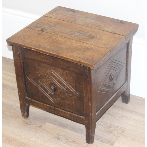 108 - An antique oak cellarette or coal bucket with metal lining, seemingly made from parts of an 18th cen... 