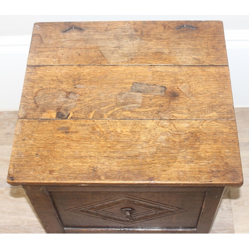 108 - An antique oak cellarette or coal bucket with metal lining, seemingly made from parts of an 18th cen... 