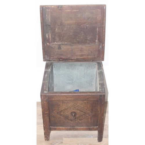 108 - An antique oak cellarette or coal bucket with metal lining, seemingly made from parts of an 18th cen... 