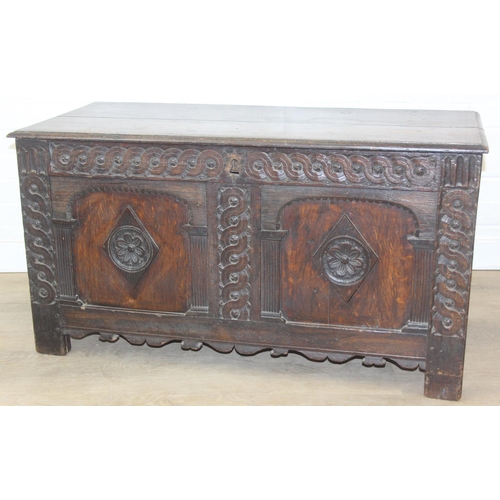 102 - An antique carved oak coffer, likely 18th century with carved details, unusual small size, 94cm x 46... 