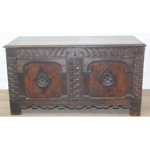 102 - An antique carved oak coffer, likely 18th century with carved details, unusual small size, 94cm x 46... 