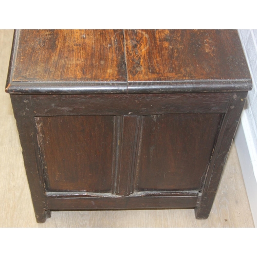 102 - An antique carved oak coffer, likely 18th century with carved details, unusual small size, 94cm x 46... 