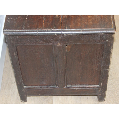 102 - An antique carved oak coffer, likely 18th century with carved details, unusual small size, 94cm x 46... 