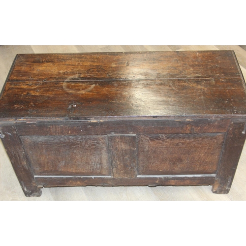102 - An antique carved oak coffer, likely 18th century with carved details, unusual small size, 94cm x 46... 