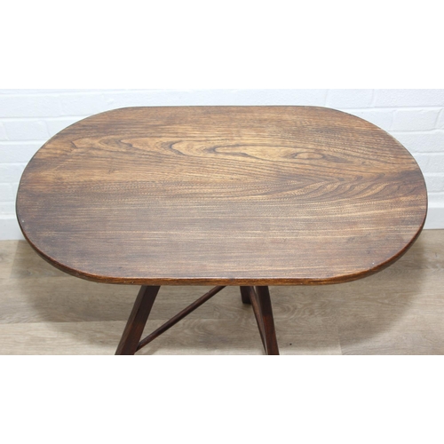 45 - An unusual oak topped table with three legged base, possibly a cricket table, 71cm x 42cm x 67cm
