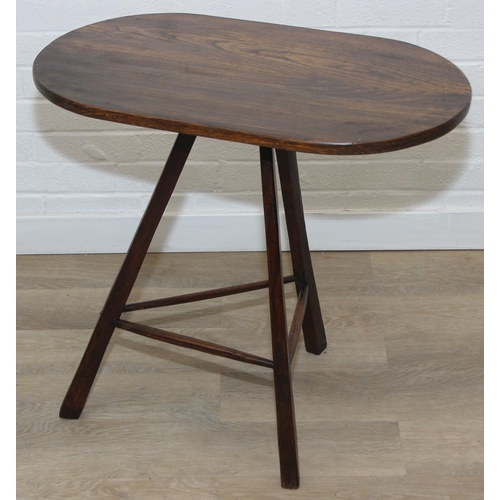 45 - An unusual oak topped table with three legged base, possibly a cricket table, 71cm x 42cm x 67cm