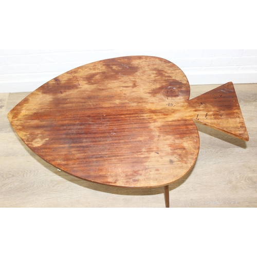 99 - Retro tripod side table formed as the ace of spades, teak effect, 92cm x 60cm x 48cm