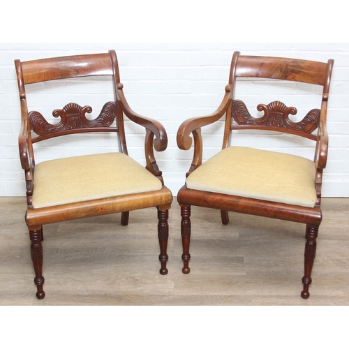 90 - A pair of antique carver armchairs with carved backs and turned legs, decorative scroll arms, gold c... 
