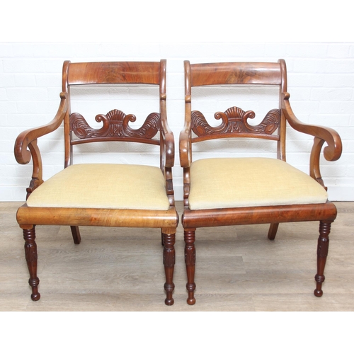 90 - A pair of antique carver armchairs with carved backs and turned legs, decorative scroll arms, gold c... 