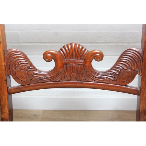 90 - A pair of antique carver armchairs with carved backs and turned legs, decorative scroll arms, gold c... 