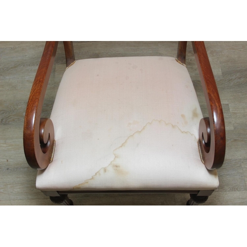 65 - An antique Regency style carved armchair with decorative scroll arms, carved back and turned and car... 