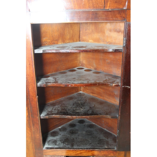 69 - A Georgian mahogany corner cupboard with a central drawer to bottom frieze flanked by two faux drawe... 