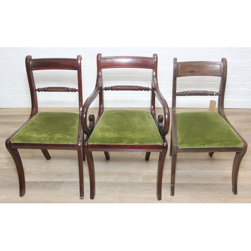 36 - Set of Regency period mahogany dining chairs comprising a set of six plus matching carver, rope twis... 