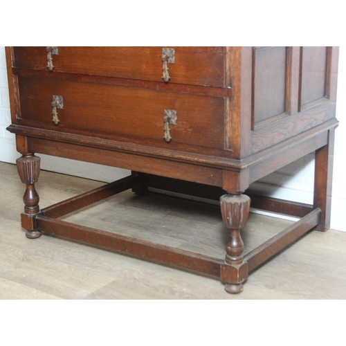 119 - Vintage oak tallboy compromising cupboard with two glass shelves over two drawers, 68cm x 44cm x 34c... 