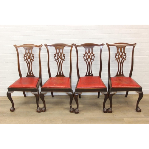 104 - Set of four antique Chippendale style chairs with red leather upholstery and decorative carved backs... 