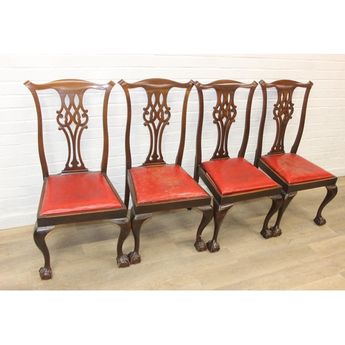 104 - Set of four antique Chippendale style chairs with red leather upholstery and decorative carved backs... 