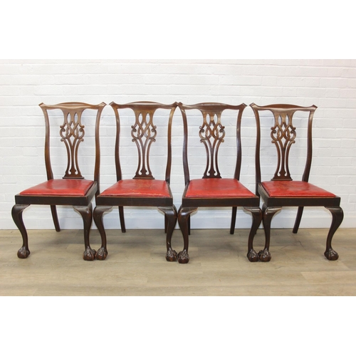 104 - Set of four antique Chippendale style chairs with red leather upholstery and decorative carved backs... 