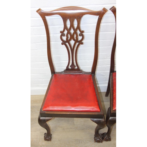 104 - Set of four antique Chippendale style chairs with red leather upholstery and decorative carved backs... 