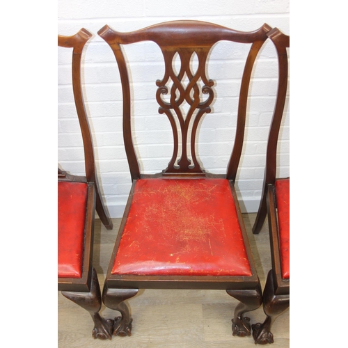 104 - Set of four antique Chippendale style chairs with red leather upholstery and decorative carved backs... 