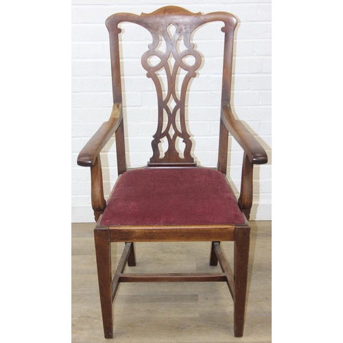 31 - Georgian elbow chair in the Chippendale style with puce velvet upholstery and pierced splat design, ... 