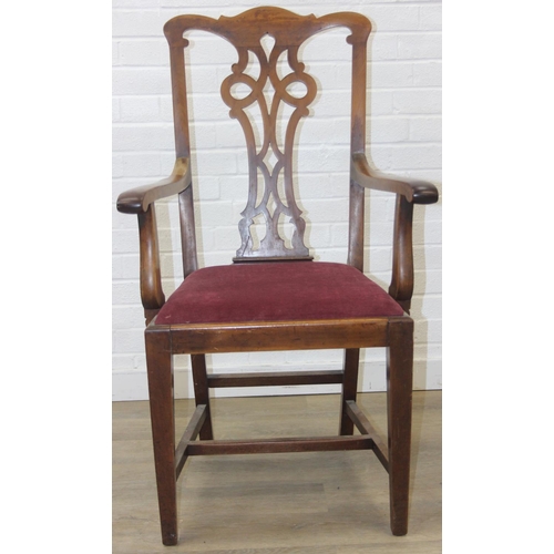 31 - Georgian elbow chair in the Chippendale style with puce velvet upholstery and pierced splat design, ... 