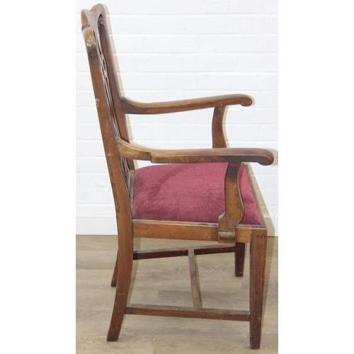 31 - Georgian elbow chair in the Chippendale style with puce velvet upholstery and pierced splat design, ... 