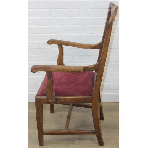 31 - Georgian elbow chair in the Chippendale style with puce velvet upholstery and pierced splat design, ... 