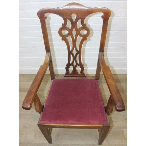 31 - Georgian elbow chair in the Chippendale style with puce velvet upholstery and pierced splat design, ... 