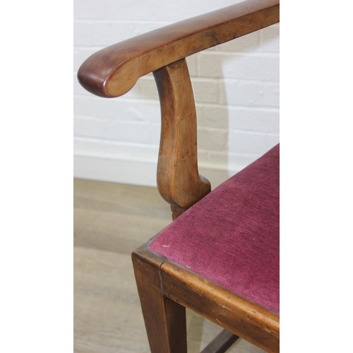 31 - Georgian elbow chair in the Chippendale style with puce velvet upholstery and pierced splat design, ... 