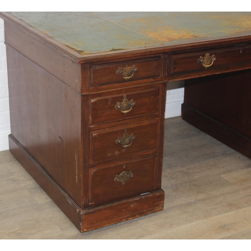 72 - Vintage pedestal desk, nine drawers with distressed leather top, 152cm x 91cm x 81cm