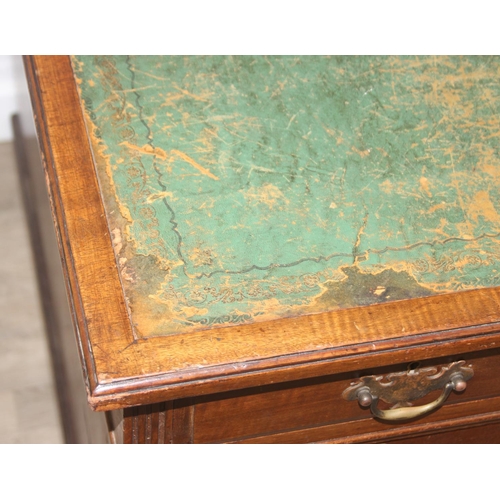 72 - Vintage pedestal desk, nine drawers with distressed leather top, 152cm x 91cm x 81cm