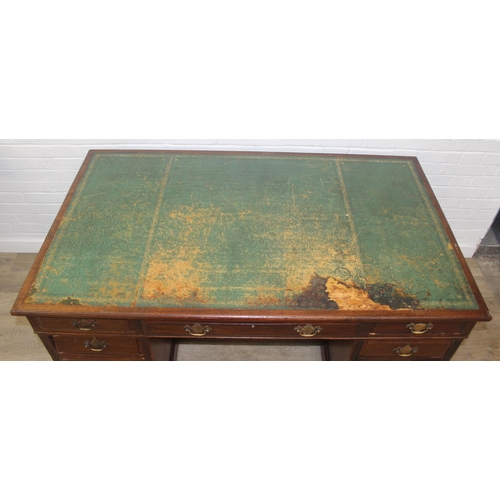 72 - Vintage pedestal desk, nine drawers with distressed leather top, 152cm x 91cm x 81cm