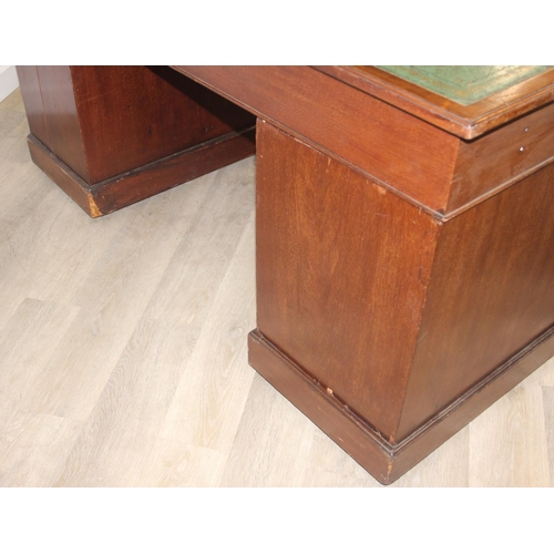 72 - Vintage pedestal desk, nine drawers with distressed leather top, 152cm x 91cm x 81cm