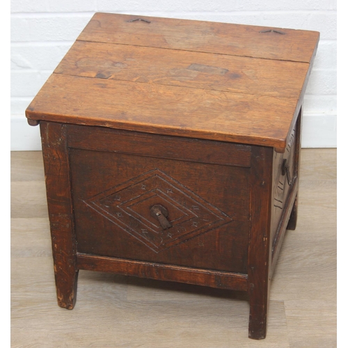 108 - An antique oak cellarette or coal bucket with metal lining, seemingly made from parts of an 18th cen... 