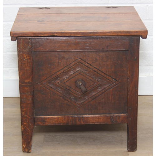 108 - An antique oak cellarette or coal bucket with metal lining, seemingly made from parts of an 18th cen... 