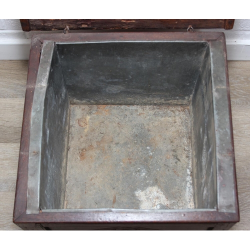 108 - An antique oak cellarette or coal bucket with metal lining, seemingly made from parts of an 18th cen... 