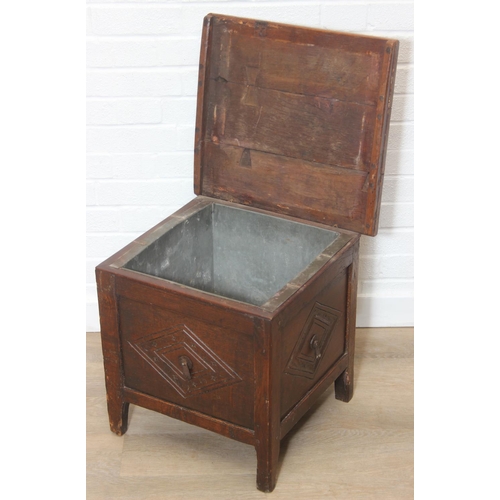 108 - An antique oak cellarette or coal bucket with metal lining, seemingly made from parts of an 18th cen... 