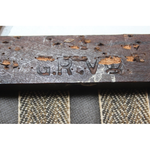 58 - A George V coronation stool with later woven leather top, stamped to underside, 42cm x 28cm x 42cm