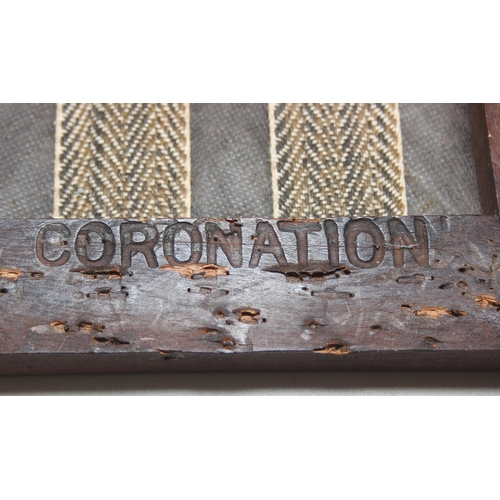 58 - A George V coronation stool with later woven leather top, stamped to underside, 42cm x 28cm x 42cm