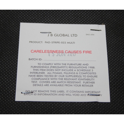 37 - Set of six modern oak dining chairs with arched X form design to back and multi-coloured fabric upho... 