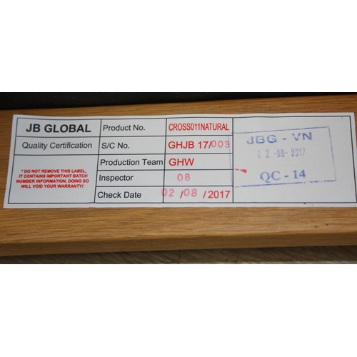 37 - Set of six modern oak dining chairs with arched X form design to back and multi-coloured fabric upho... 