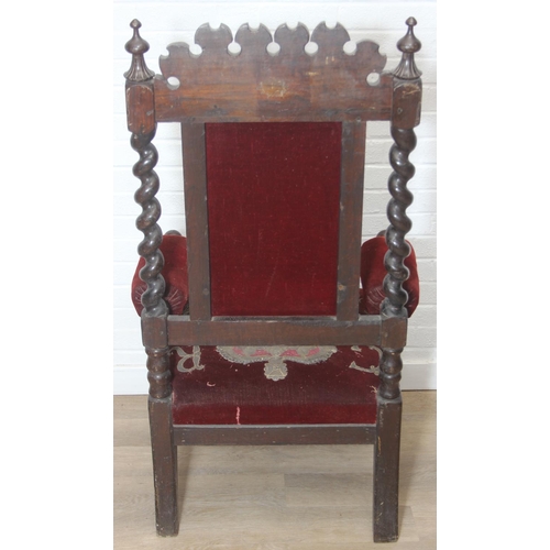 38 - An unusual antique carved oak throne chair with 1731 King George II related embroidery, the chair be... 