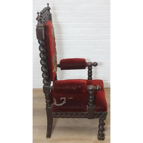 39 - An unusual antique carved oak throne chair with 1731 King George II related embroidery, the chair be... 