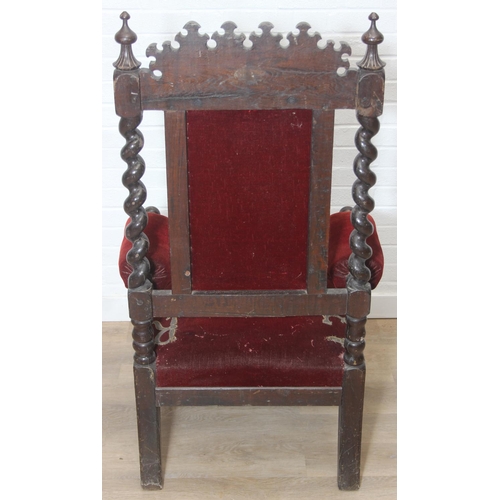 39 - An unusual antique carved oak throne chair with 1731 King George II related embroidery, the chair be... 